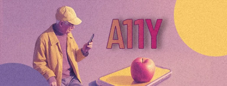 An older adult holding a smartphone, with a red apple resting on a tablet device and the text A11Y displayed prominently in the background.