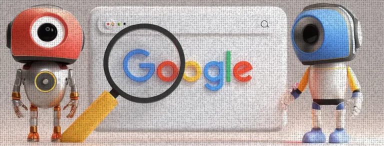 An illustration featuring two small, stylized robots standing on either side of a large, white Google search engine interface.