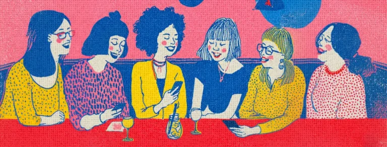 An illustration of six women gathered around a red table against a textured pink background, smiling, laughing, and interacting with their smartphones.