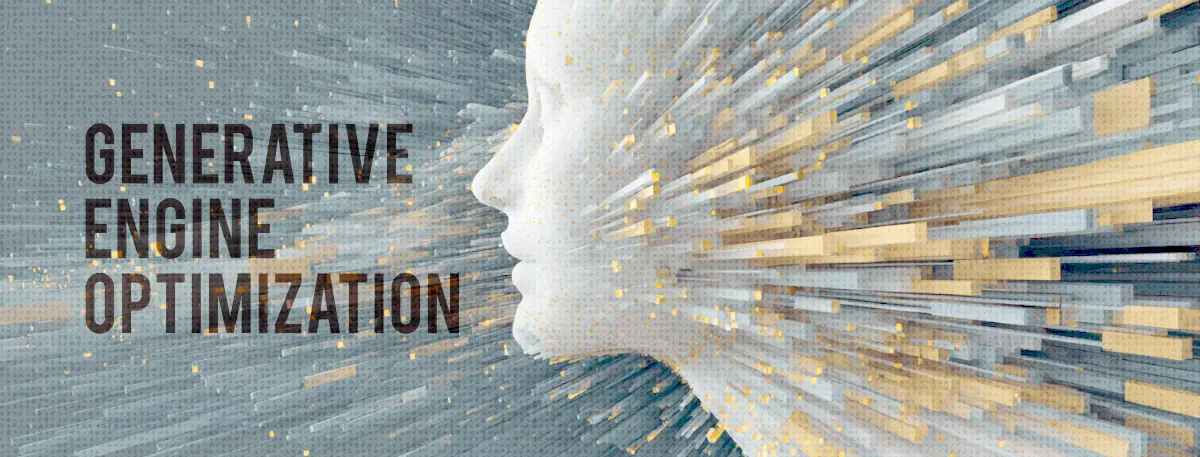 Decorative banner. A mosaic profile of a human face in earthy tones faces right, with streams of blue and white data fragments radiating outward. Text reads: Generative engine optimization