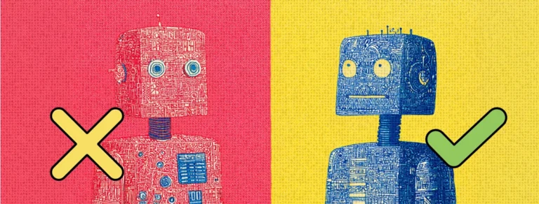 An illustration split into two contrasting halves: on the left, a detailed red robot on a red background marked with a large yellow 'X'; on the right, a detailed blue robot on a yellow background marked with a large green checkmark.